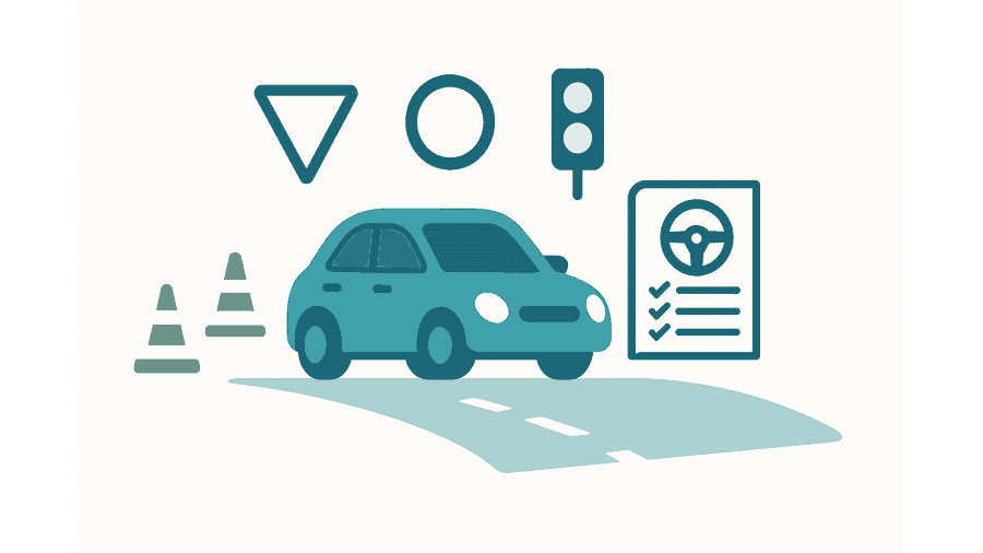 NZ car driving test practice – road code icons and car illustration