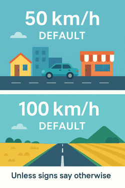 NZ Road Code default speed limits urban 50 km rural 100 km