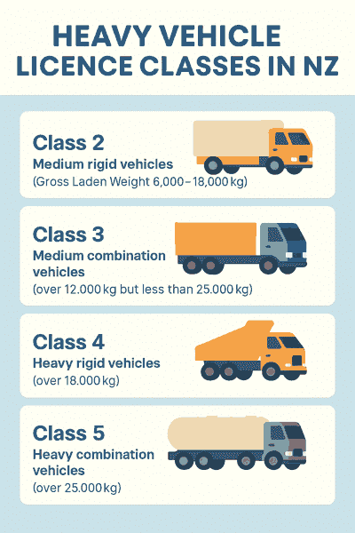 NZ Heavy Vehicle Licence Test, Heavy Vehicle Licence Classes types in NZ